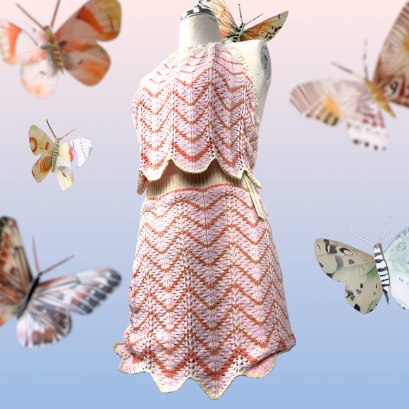 Women’s Crochet 2 Piece Set Skirt Cropped Top Backless Pink Orange Beige New WT - Picture 10 of 16